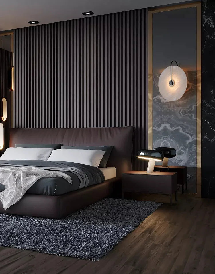 Modern bedroom with dark wood headboard, striped wall, and decorative lighting.