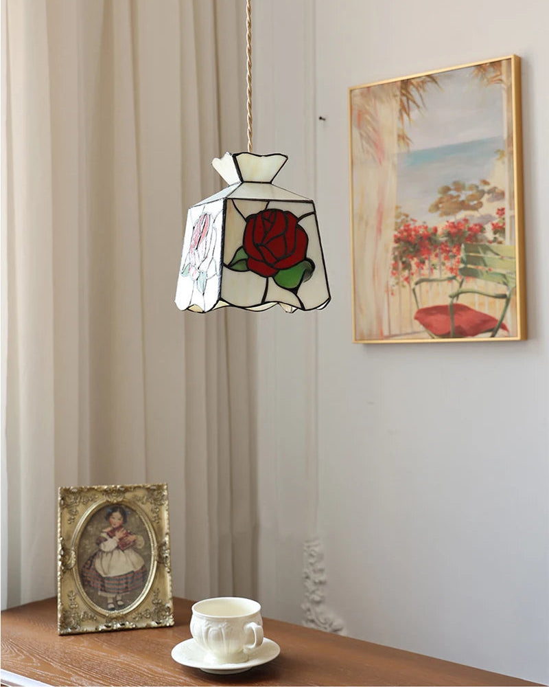 Tiffany Sacklet Rose - Stained Glass Pendant Lamp
