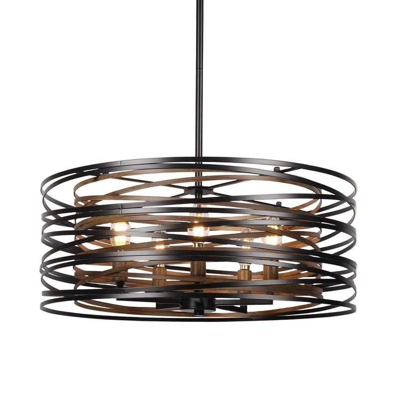 Black metal pendant light fixture with a white background