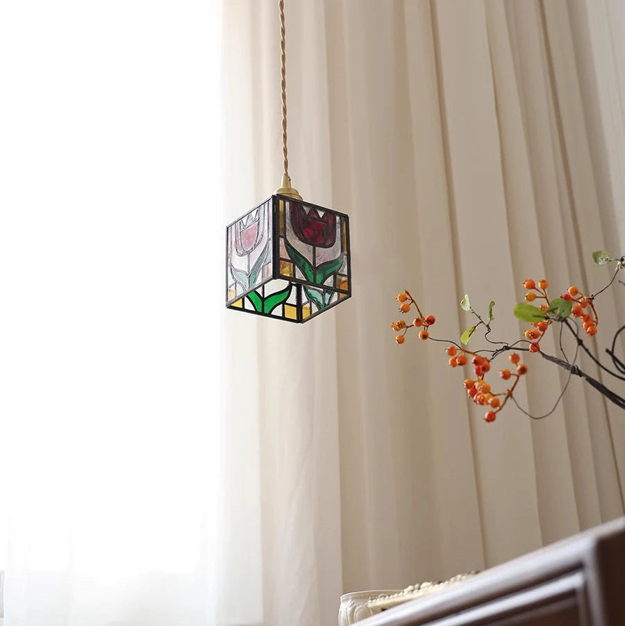Tiffany Cube Tulip - Stained Glass Pendant Lamp