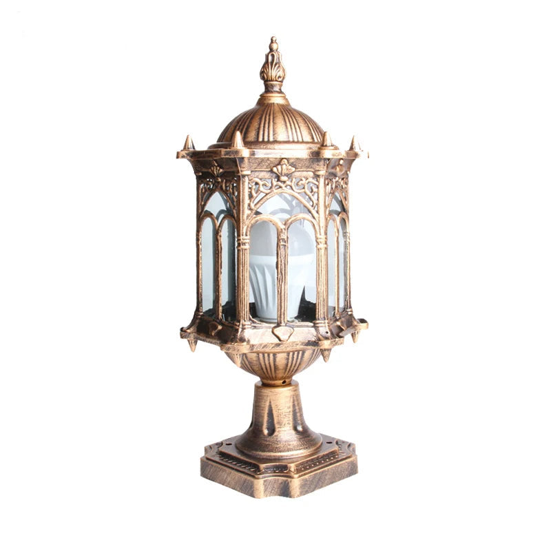 Decorative outdoor lamp with intricate design on a white background,