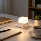 A small white cube-shaped LED night light with an orange switch, glowing softly on a white desk next to a notebook, pen, coffee cup, and small potted succulent.