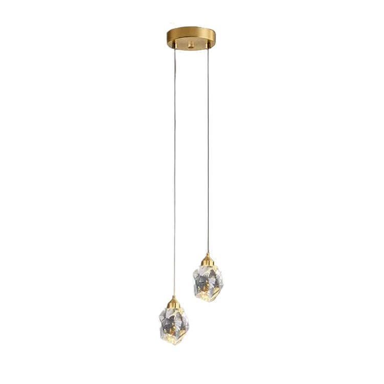 Pendant light with crystal details and measurement labels on a dark background