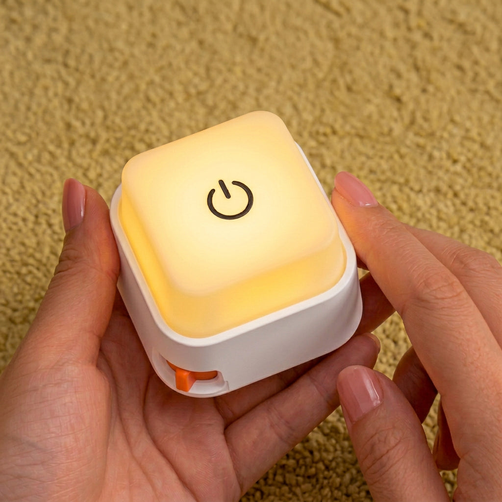 A person's hands holding a small square light-up switch device over a brown textured fabric background, with promotional text describing its light and click sound features.
