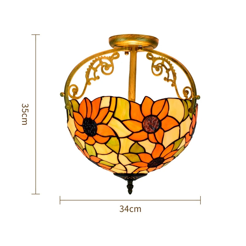 Decorative ceiling light with stained glass design and dimensions on a white background