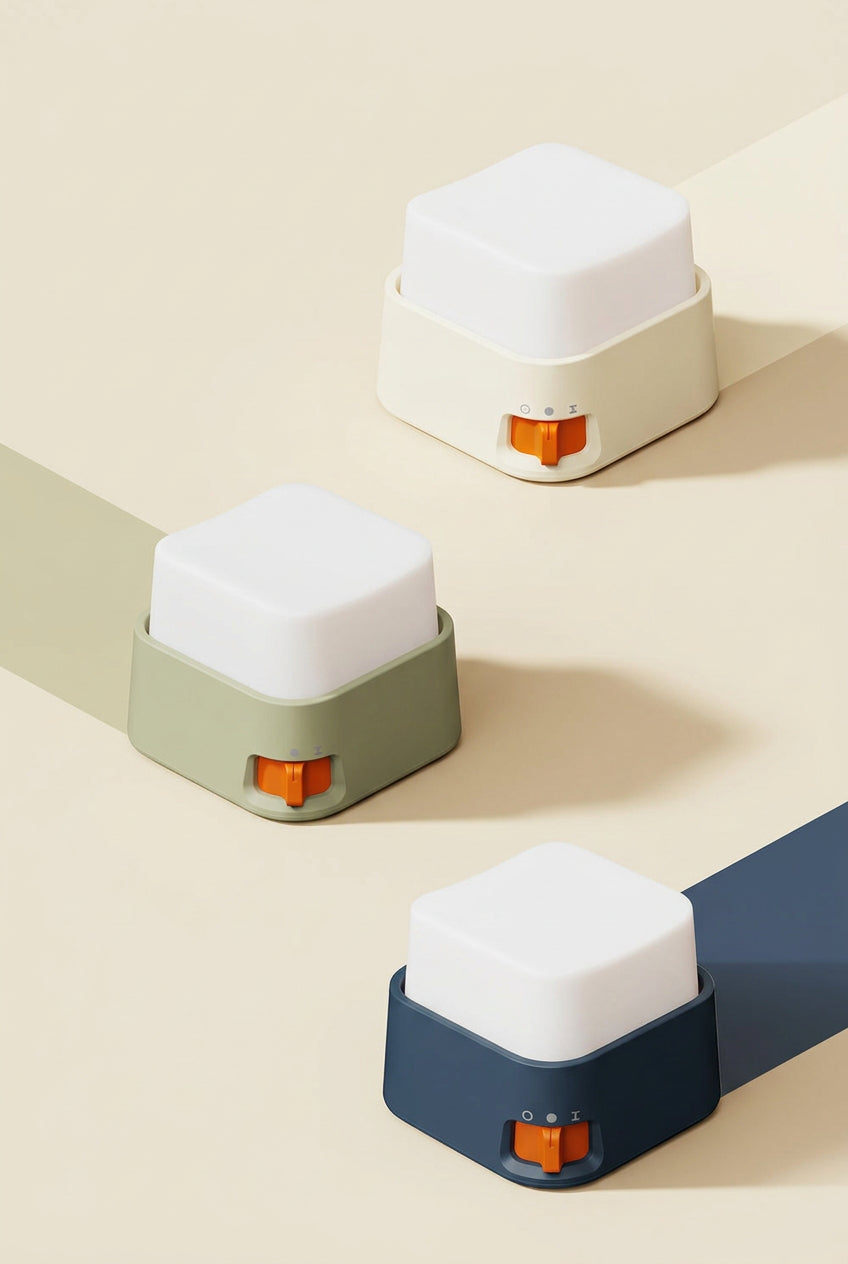 Promotional graphic showing three color variants of a small rectangular accessory: Retro White, Bean Paste Green, and Mysterious Blue. The product has a white top section, a colored bottom band, and a small orange accent.