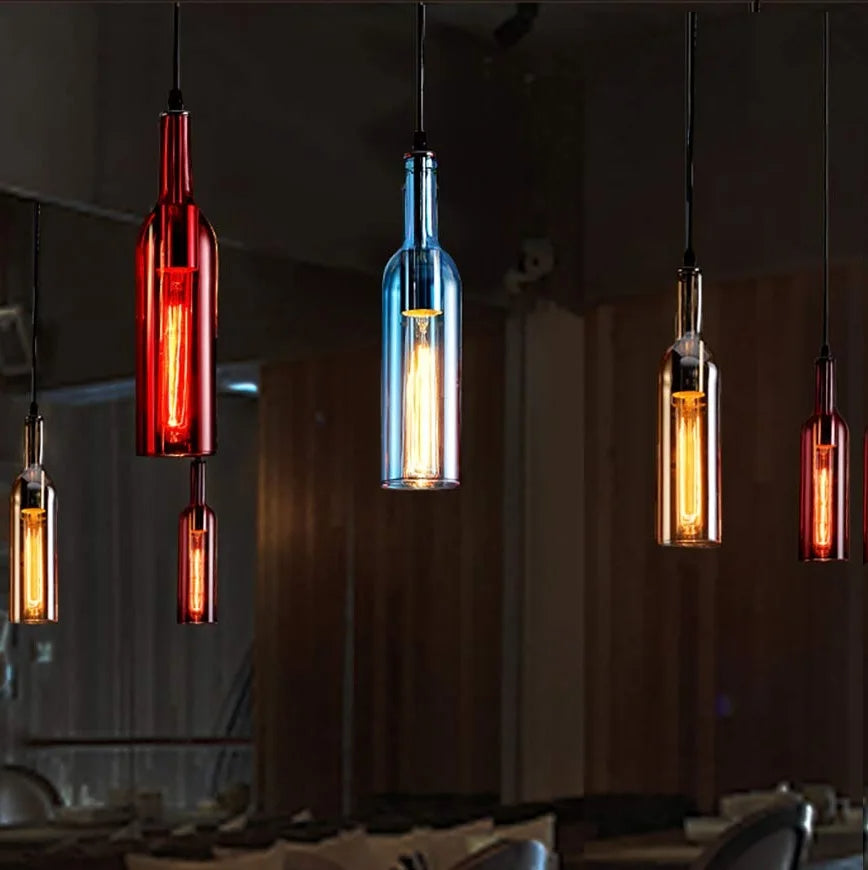 Wine Bottles - Multicolour Retro Ceiling Pendant Light E27 Glass Lampshade