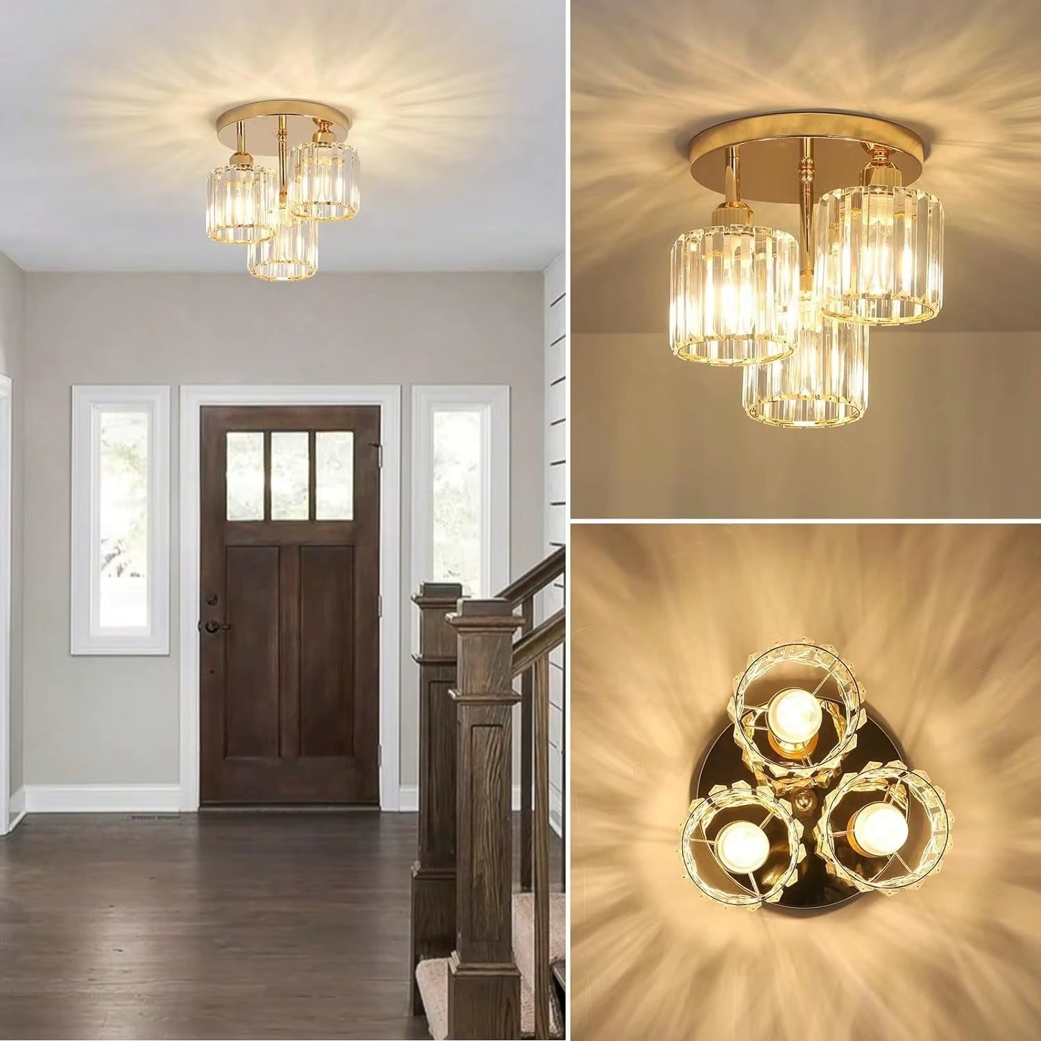 Glass Trio - Semi-Flush Ceiling Light Fixture E27 3 Heads Golden Base
