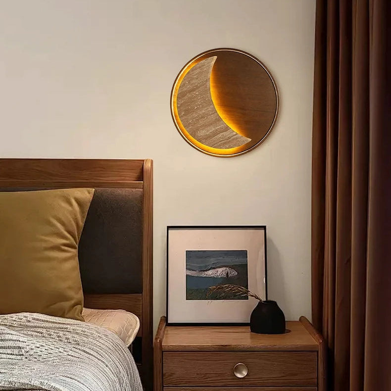 Lunar Crescent Walnut - Travertine Moon Wall Sconce Wooden Base LED Wall Light 20W