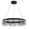 Modern pendant light with black frame and clear glass shade on a white background