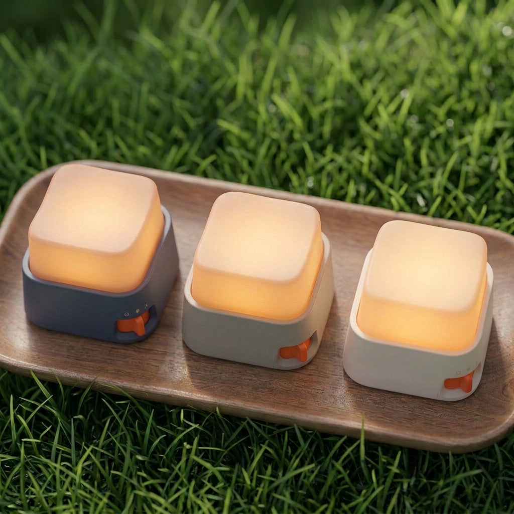 Three hexagonal night lights on a wooden tray with a blurred background