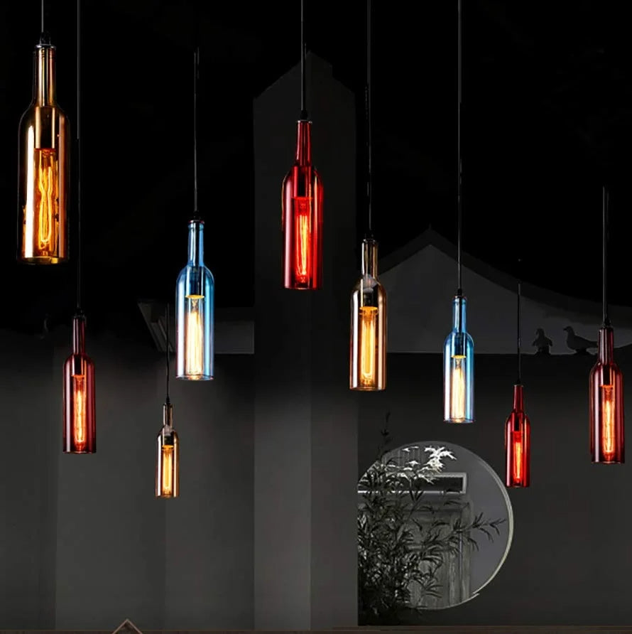 Wine Bottles - Multicolour Retro Ceiling Pendant Light E27 Glass Lampshade