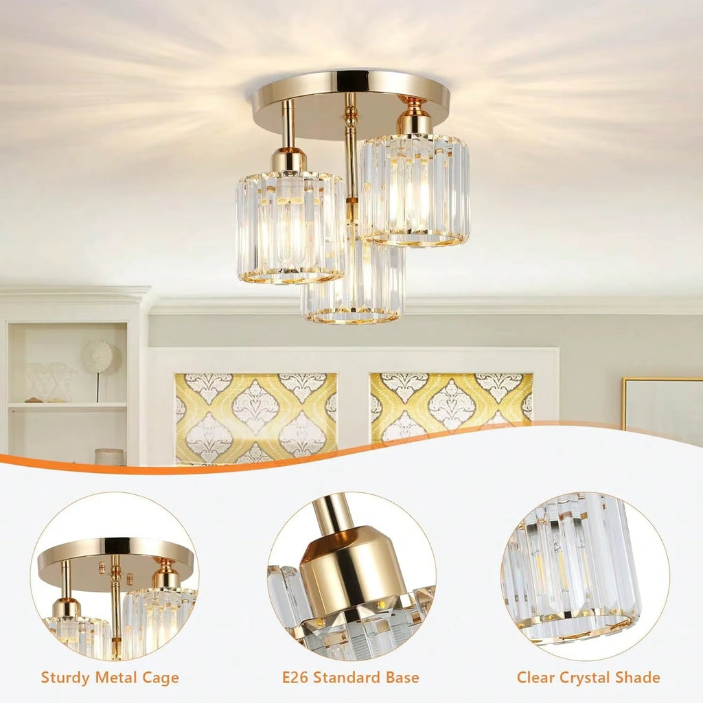 Glass Trio - Semi-Flush Ceiling Light Fixture E27 3 Heads Golden Base