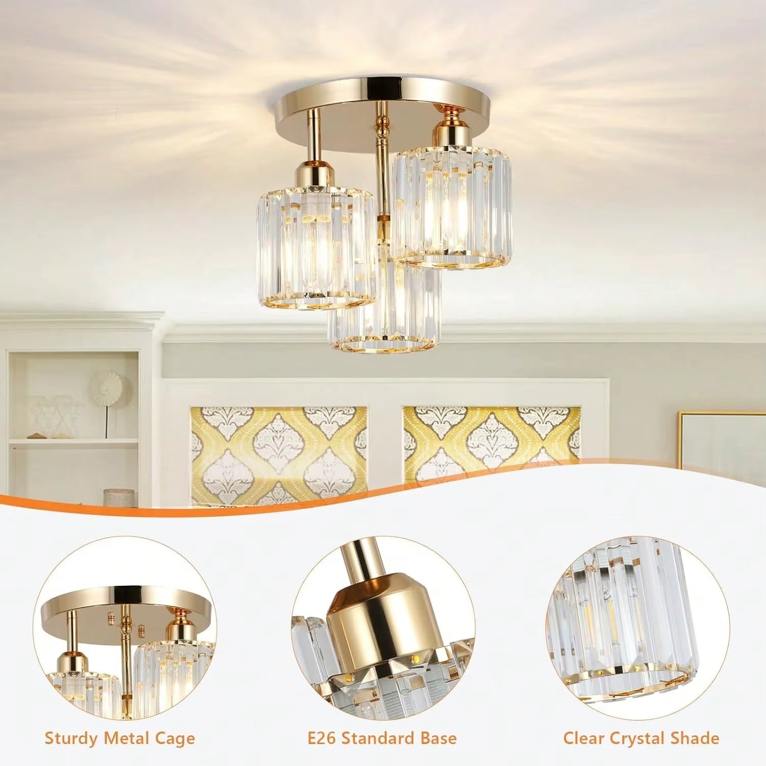Glass Trio - Semi-Flush Ceiling Light Fixture E27 3 Heads Golden Base