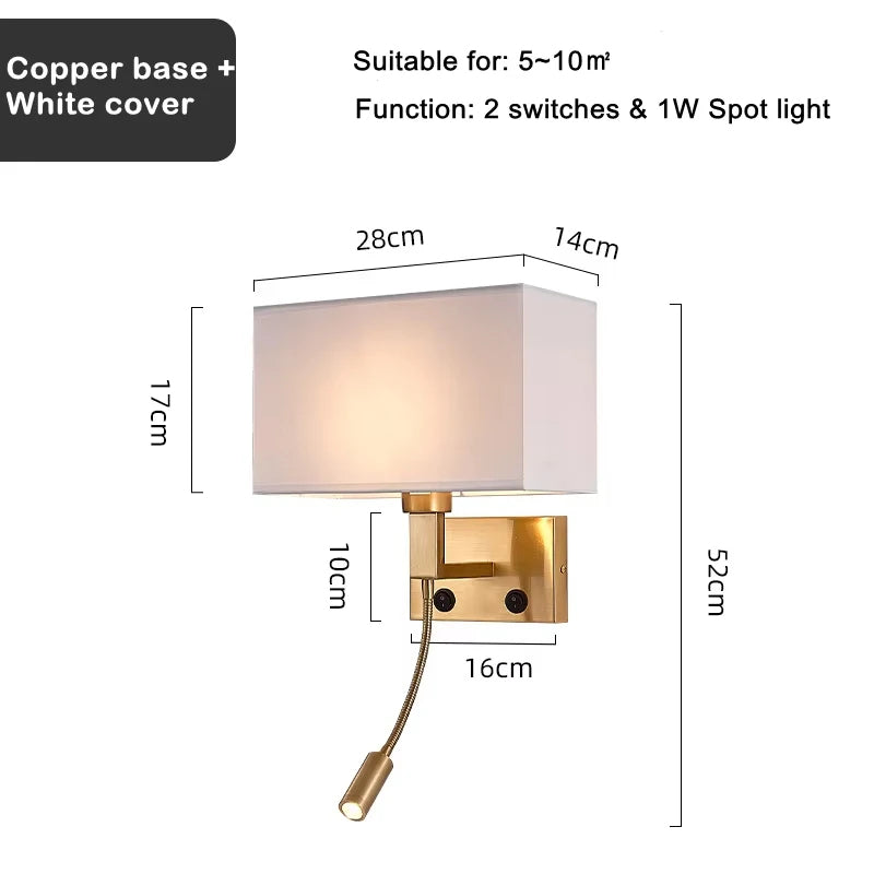 Wall & Spot Copper - Modern Wall Sconce with Spot Light Fabric Lampshade E27 Wall Light
