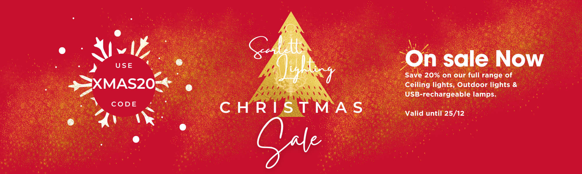 Red Christmas sale banner with tree graphic, promotional text, and sale code.