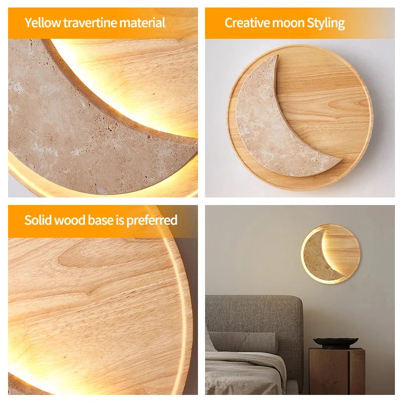 Lunar Crescent Walnut - Travertine Moon Wall Sconce Wooden Base LED Wall Light 20W