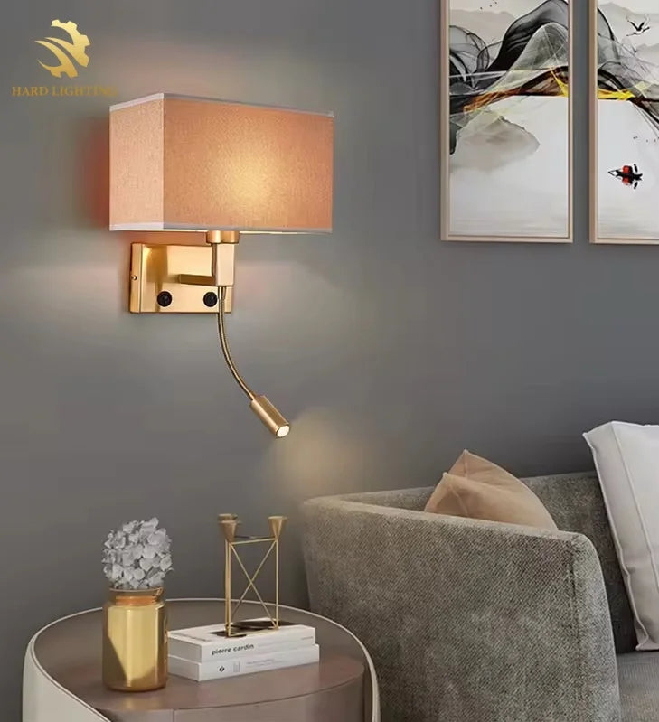 Wall & Spot Copper - Modern Wall Sconce with Spot Light Fabric Lampshade E27 Wall Light