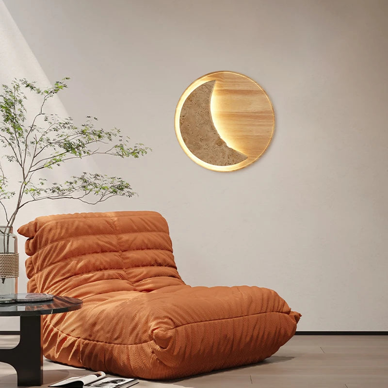 Lunar Crescent Wood- Travertine Moon Wall Sconce Wooden Base LED Wall Light 20W