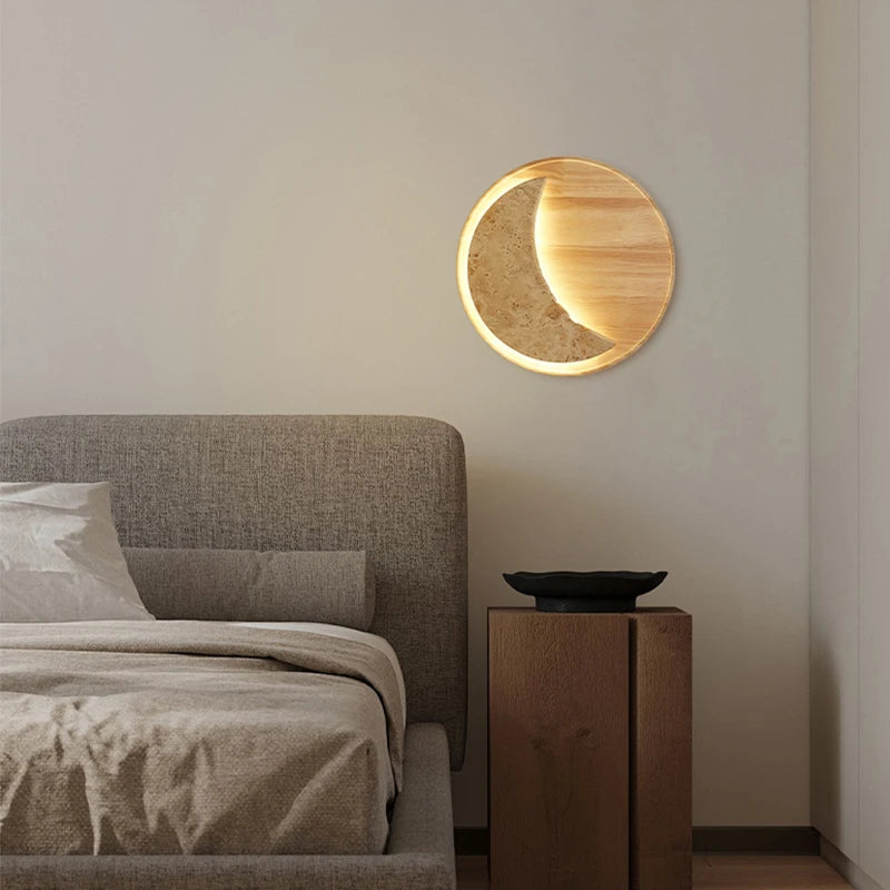 Lunar Crescent Wood- Travertine Moon Wall Sconce Wooden Base LED Wall Light 20W