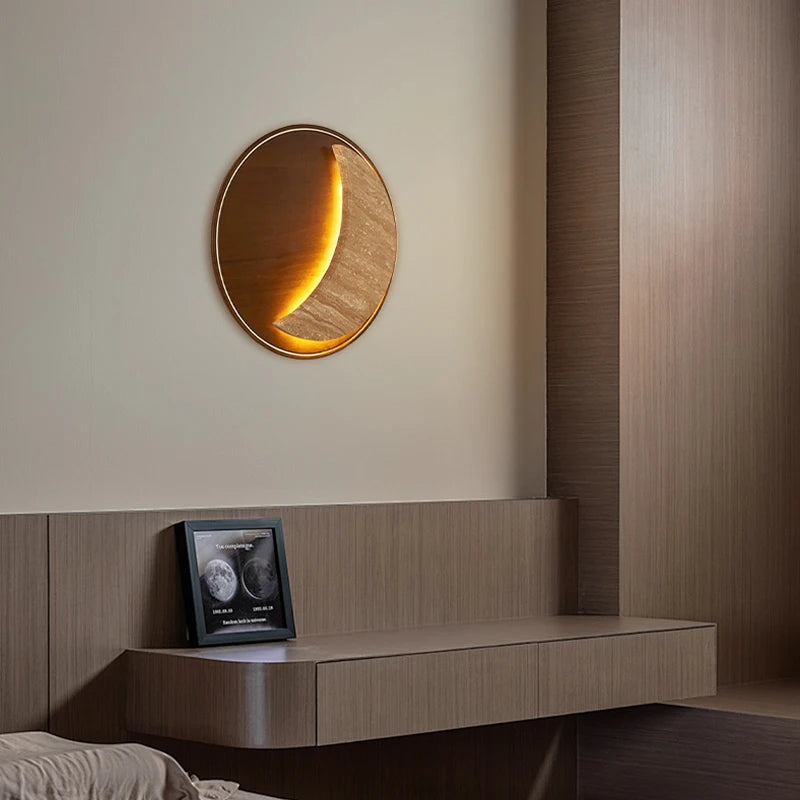 Lunar Crescent Walnut - Travertine Moon Wall Sconce Wooden Base LED Wall Light 20W