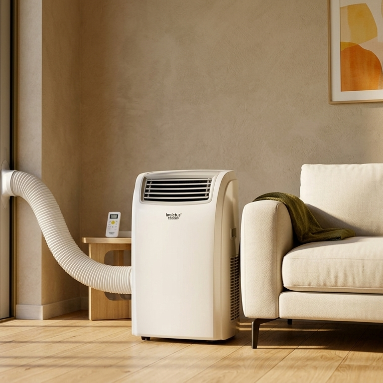 A portable white air conditioner with a flexible white exhaust hose directed outdoors through a glass sliding door, placed next to a cream-colored sofa in a modern living room.