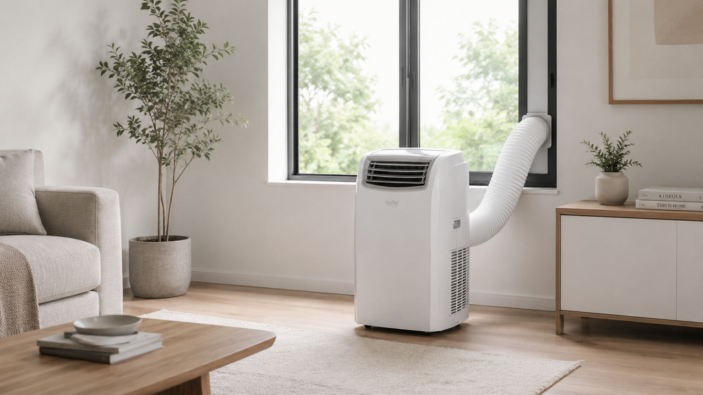 A white portable window air conditioner with a flexible white hose extending out a tall window in a bright, modern living room.