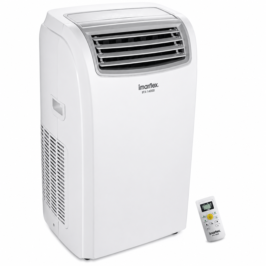 A white portable air conditioner with a gray top vent trim and a separate white remote control, shown on a plain white background. The brand 'imartex' is visible on the front.