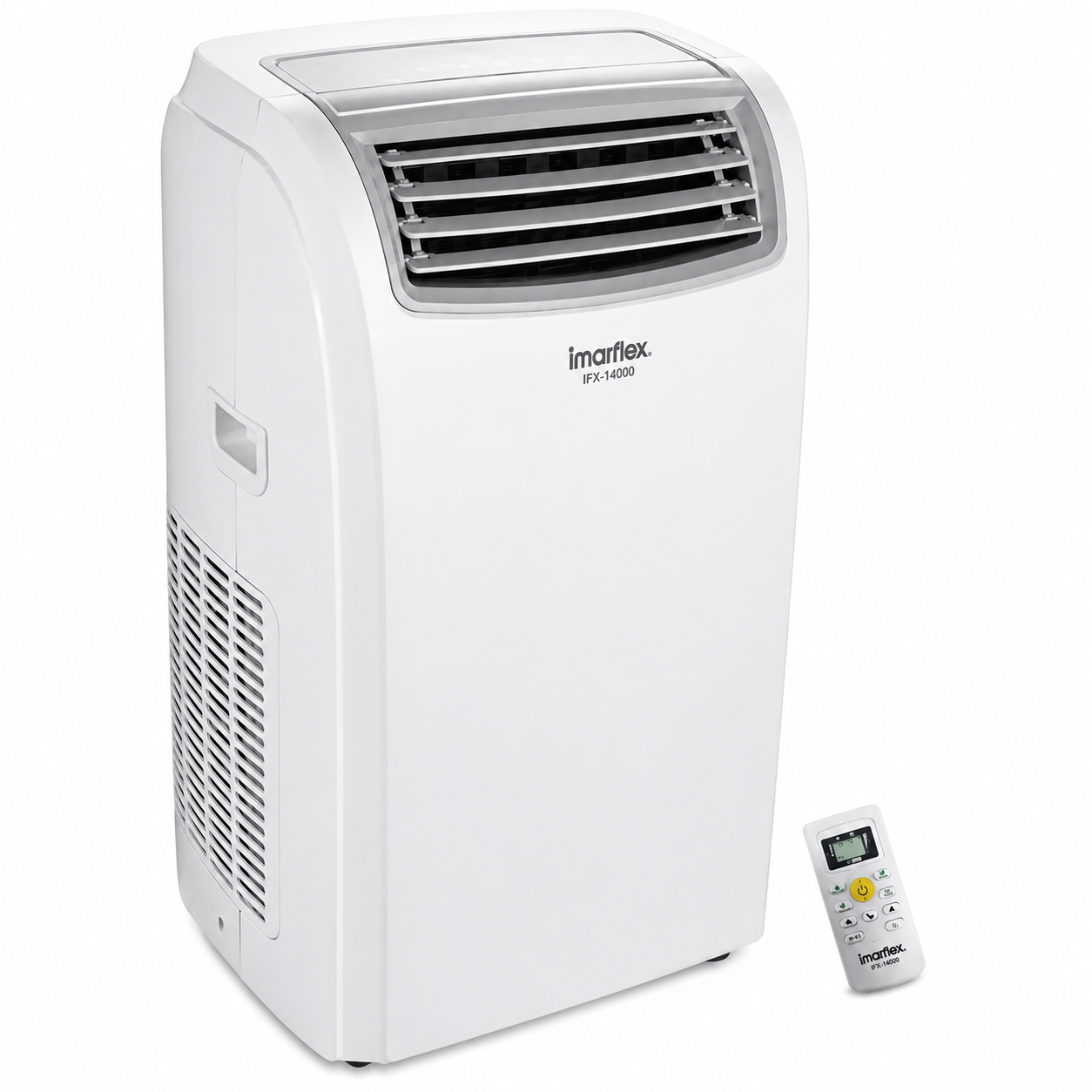 A white portable air conditioner with a gray top vent trim and a separate white remote control, shown on a plain white background. The brand 'imartex' is visible on the front.
