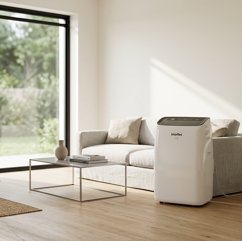 A white portable air conditioner or heater placed beside a sofa in a bright, modern living room with light wood floors, a large window, and a potted plant.