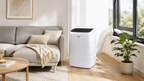 A white portable air conditioner with a flexible white duct connected to a window, set in a modern, sunlit living room next to a gray sofa and a potted plant.