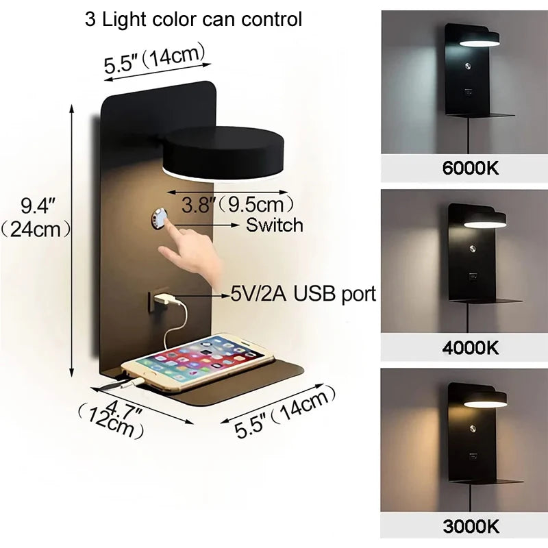 USB Spot Light Black - Minimalist LED Wall Sconce with USB Charging Port