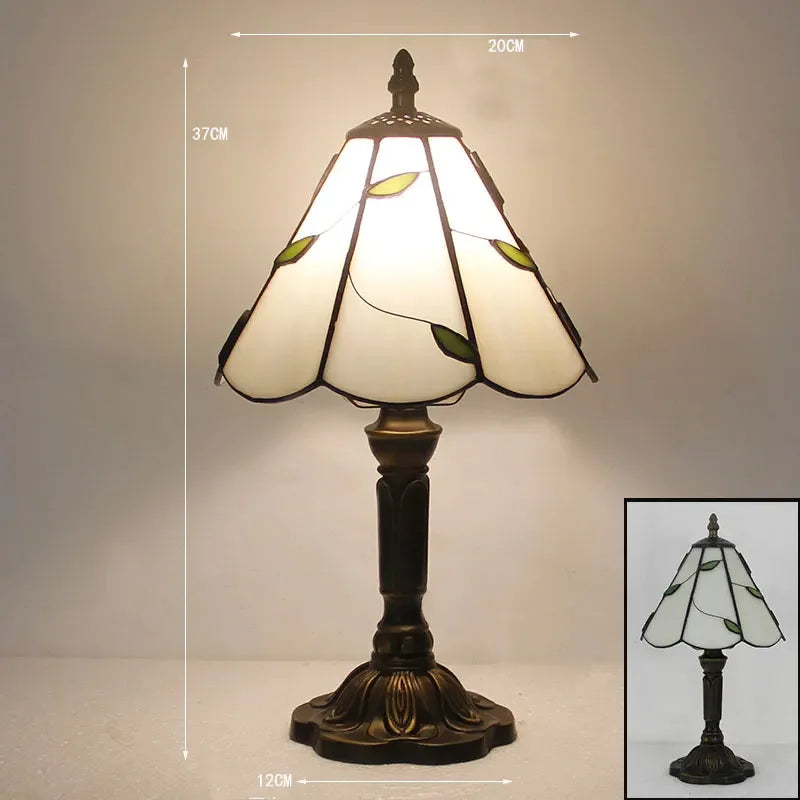 Tiffany - Beige Leaves Lampshade Vintage Glass Table Lamp E27