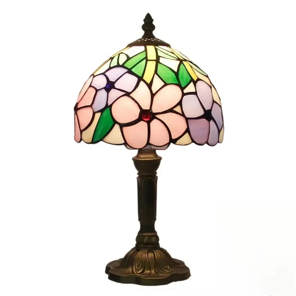 Tiffany - Pink Flowers Lampshade Vintage Glass Table Lamp E27