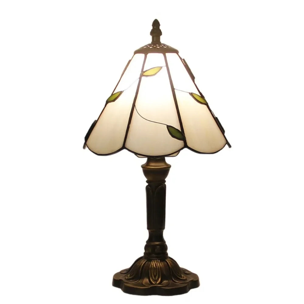 Tiffany - Beige Leaves Lampshade Vintage Glass Table Lamp E27