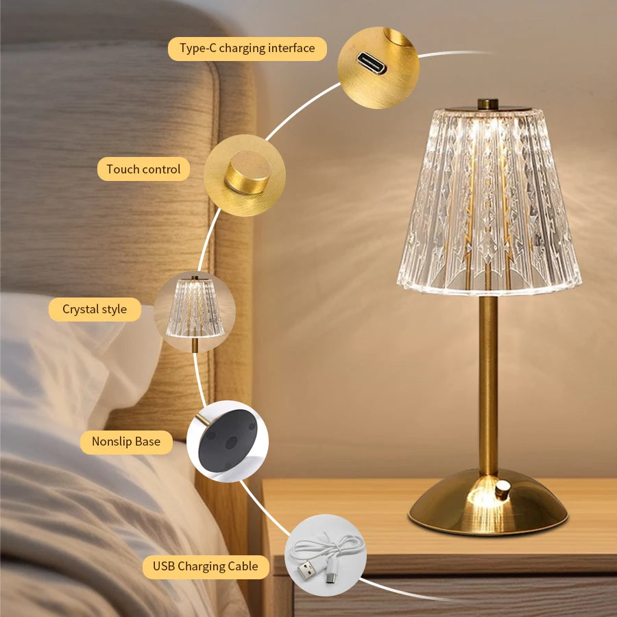 Star Point - Four Shade Options USB Rechargeable Crystal LED Desk Lamp