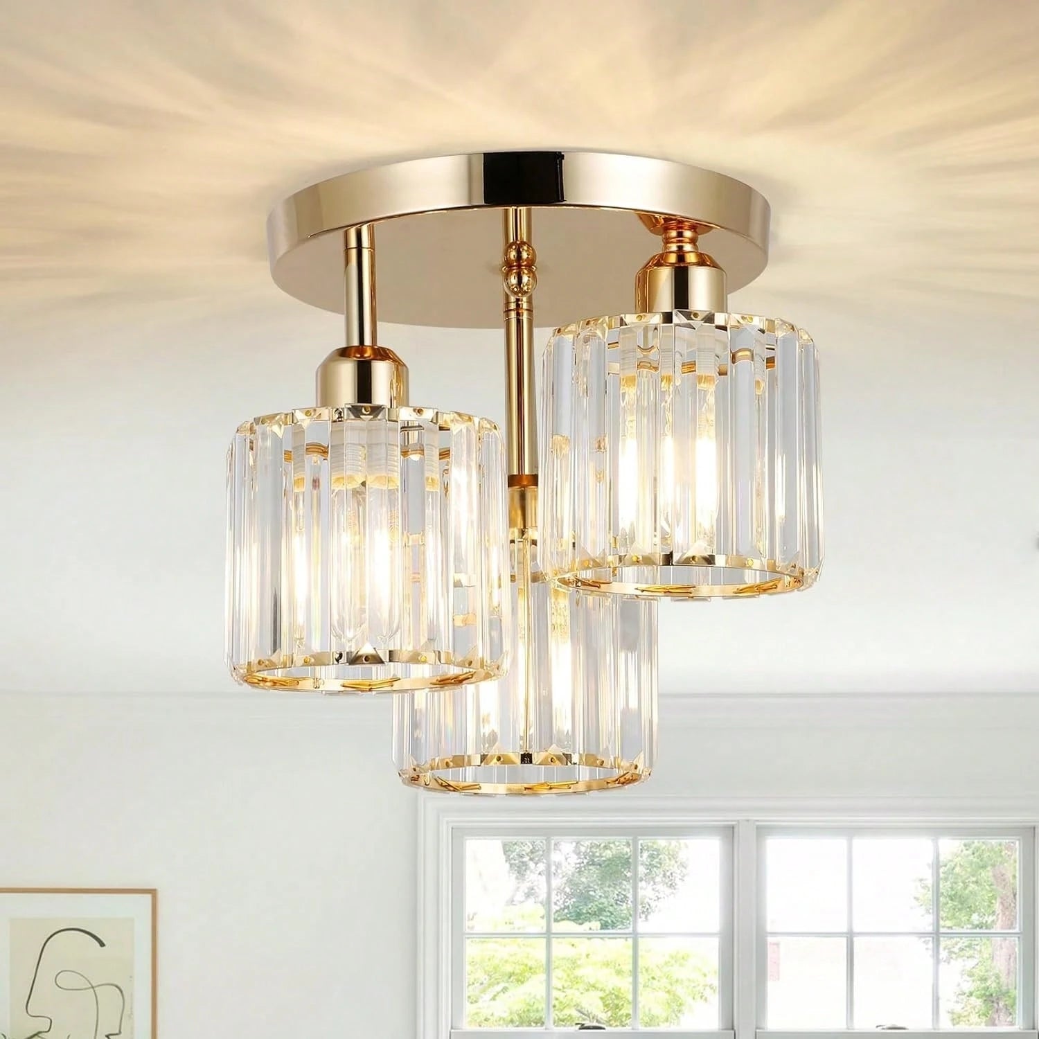 Glass Trio - Semi-Flush Ceiling Light Fixture E27 3 Heads Golden Base