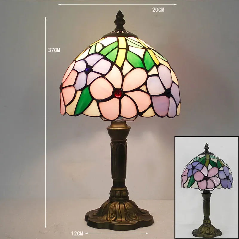 Tiffany - Pink Flowers Lampshade Vintage Glass Table Lamp E27