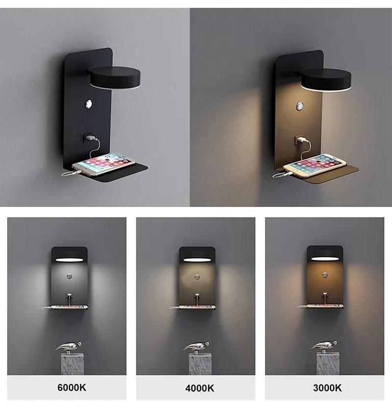 USB Spot Light Black - Minimalist LED Wall Sconce with USB Charging Port