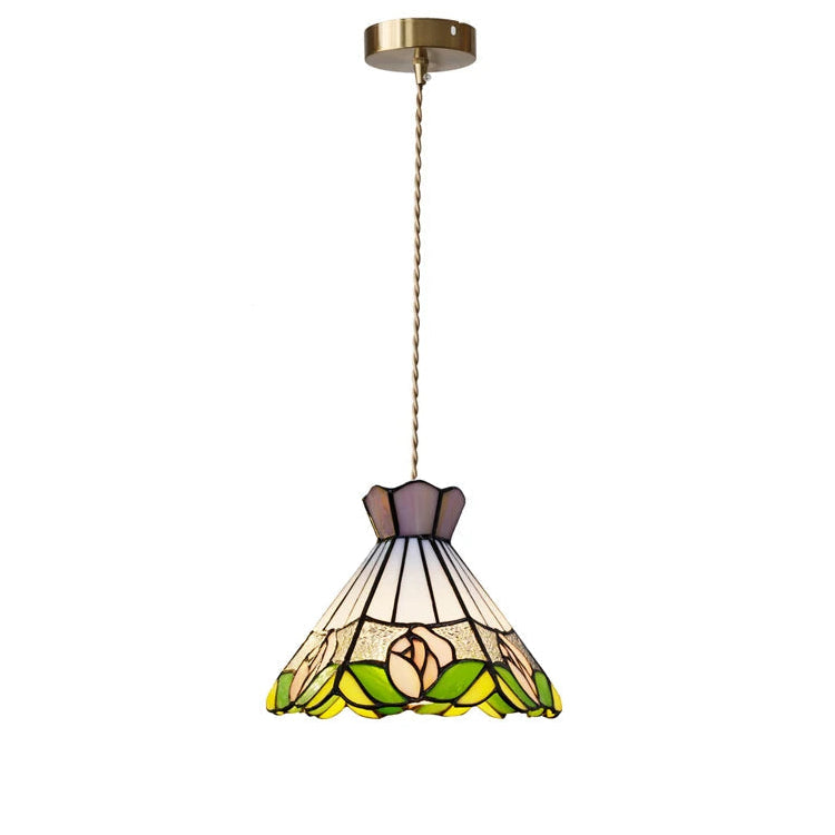 Pendant light with stained glass shade on a white background