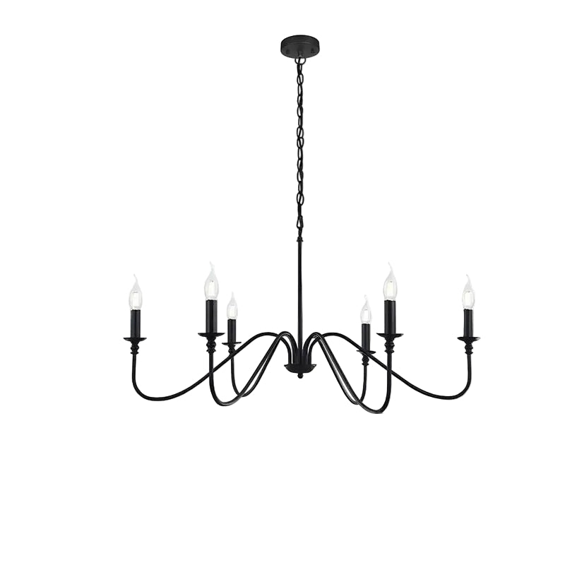 Black chandelier with dimensions and material details on a white background