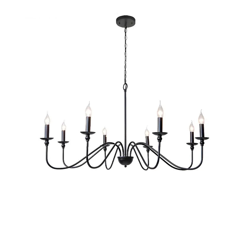 Black chandelier with dimensions and material details on a white background