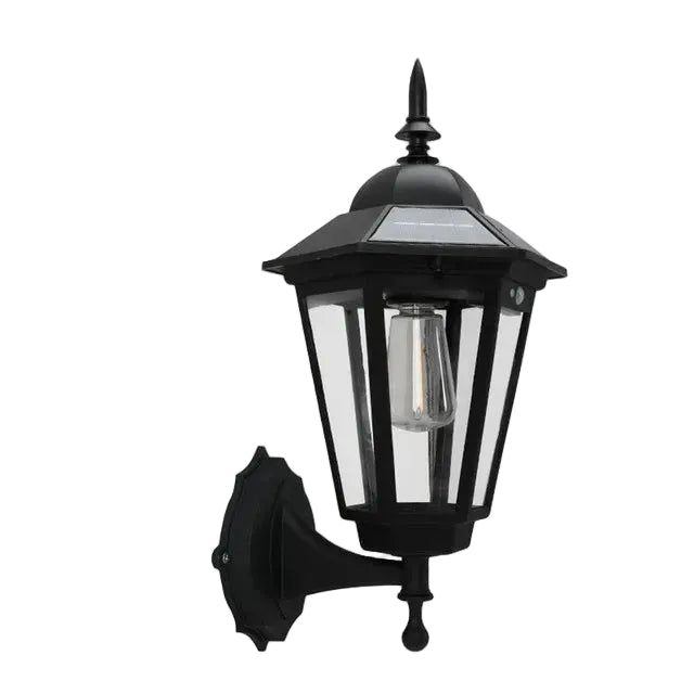 Black outdoor wall light fixture with dimensions and mounting hardware on a white background
