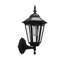 Black outdoor wall light fixture with dimensions and mounting hardware on a white background