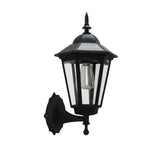 Black outdoor wall light fixture with dimensions and mounting hardware on a white background