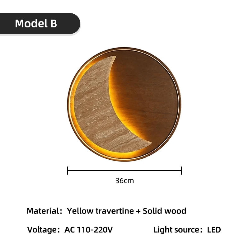 Lunar Crescent Walnut - Travertine Moon Wall Sconce Wooden Base LED Wall Light 20W