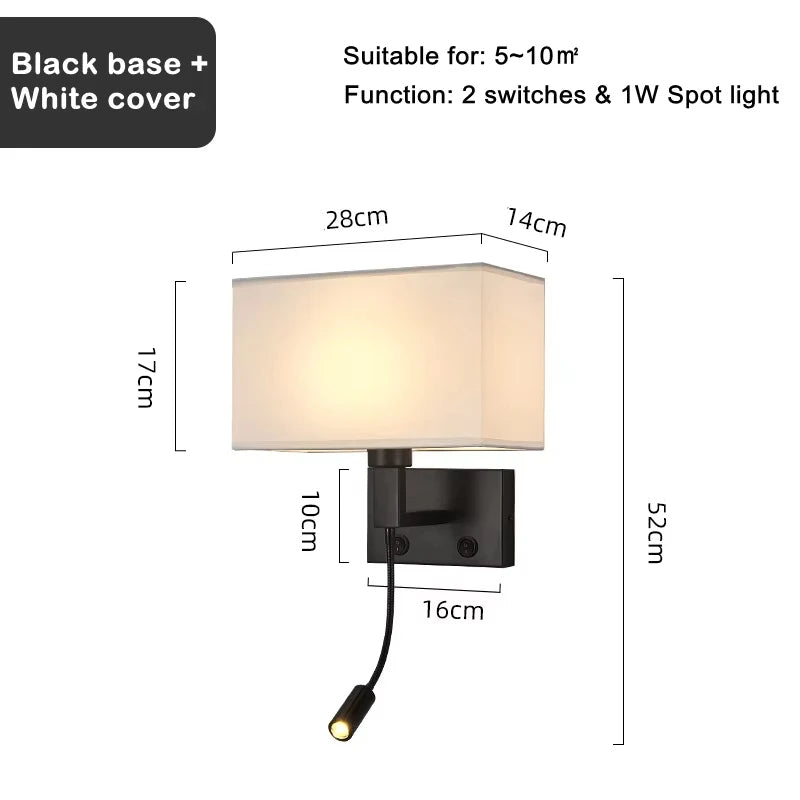Wall & Spot Black - Modern Wall Sconce with Spot Light Fabric Lampshade E27 Wall Light