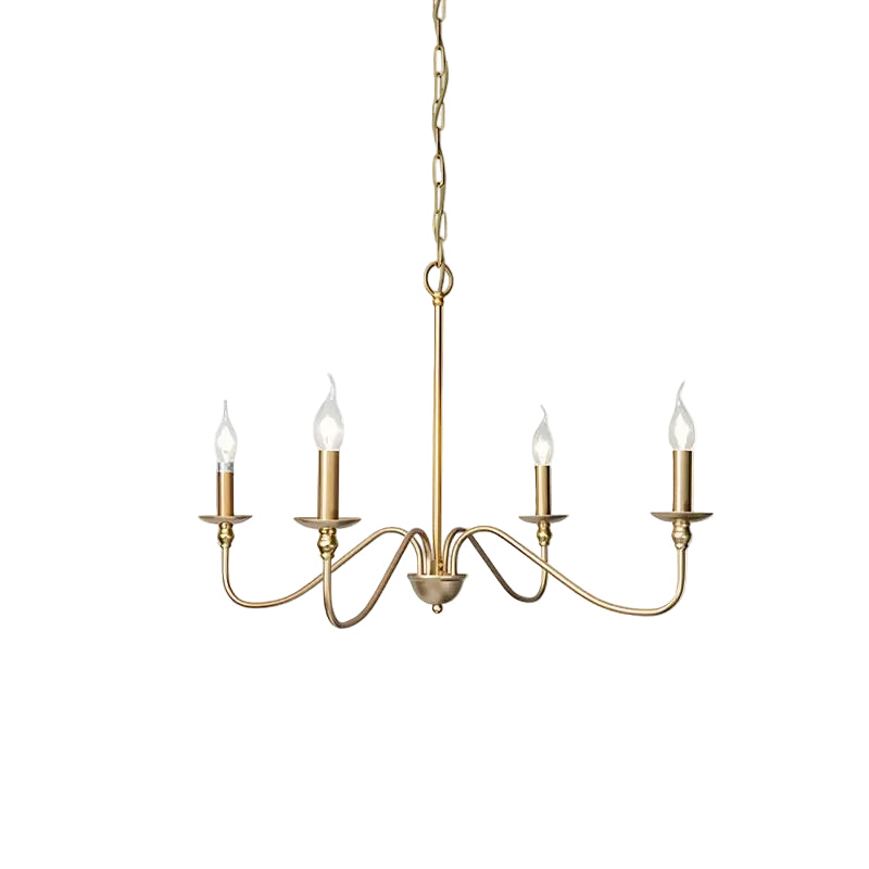 Gold chandelier with dimensions and material details on a white background