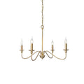 Gold chandelier with dimensions and material details on a white background