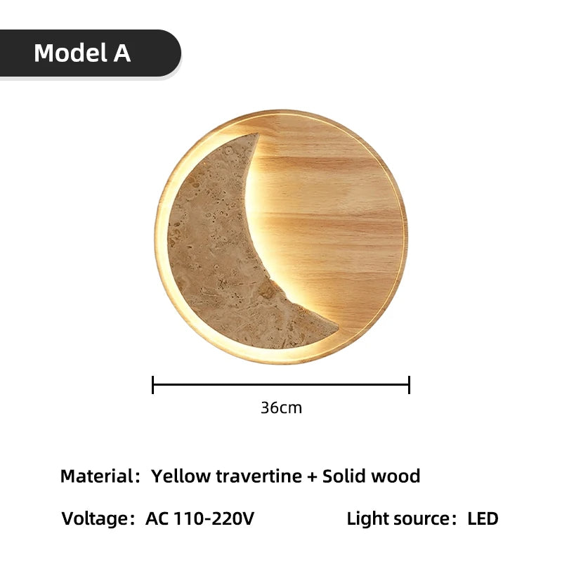 Lunar Crescent Wood- Travertine Moon Wall Sconce Wooden Base LED Wall Light 20W